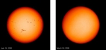 左图为2000年的太阳黑子图像；右图为2009年的太阳黑子图像。(图片来源：NASA) - 中新网海南频道
