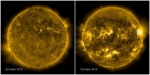 左图为2010年太阳活动相对平静时的图片；右图为2012年太阳活动较为活跃时的图片。(图片来源：NASA) - 中新网海南频道