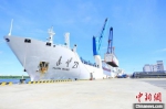远望21号船在海南清澜港吊装长征五号火箭集装箱。　亓创 摄 - 中新网海南频道